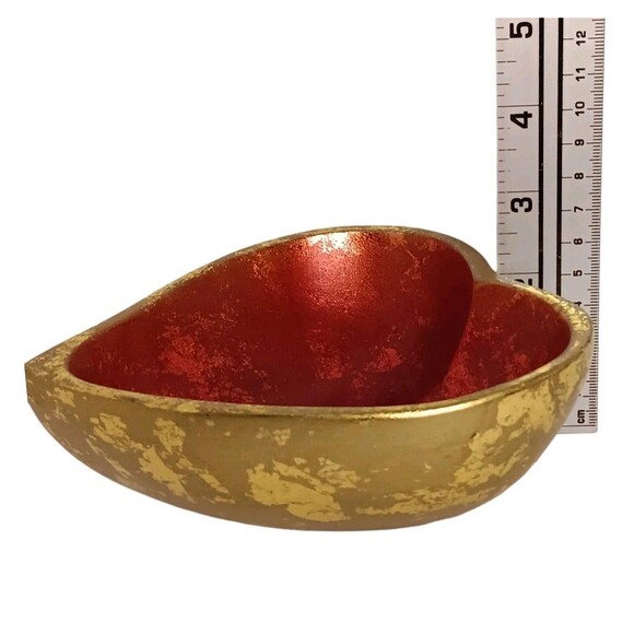 Wood Heart Shaped Bowl Red With Gold Leaf Jewelry Trinket Dish 6" x 6" x 2.5" - Picture 13 of 14
